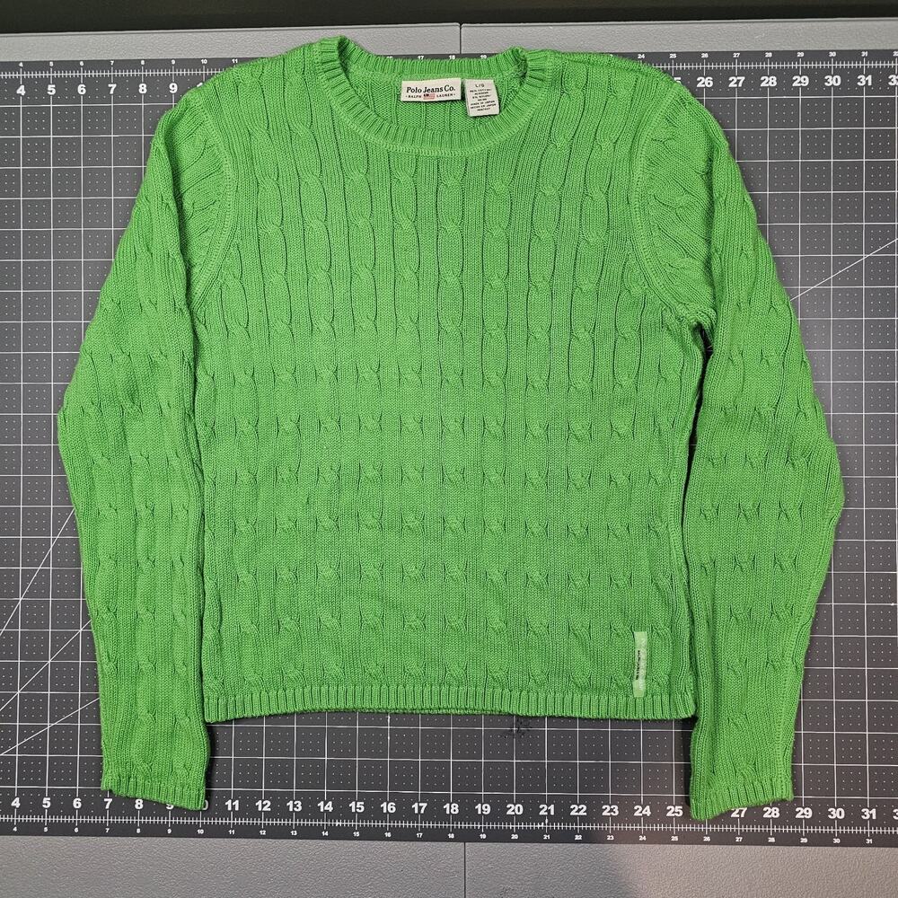 Vintage Polo Jeans Sweater Womens Large Green Cable Knit 90s Preppy Juniors